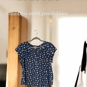 41 Hawthorn Blue Cap Sleeve Blouse with V-neck Collar